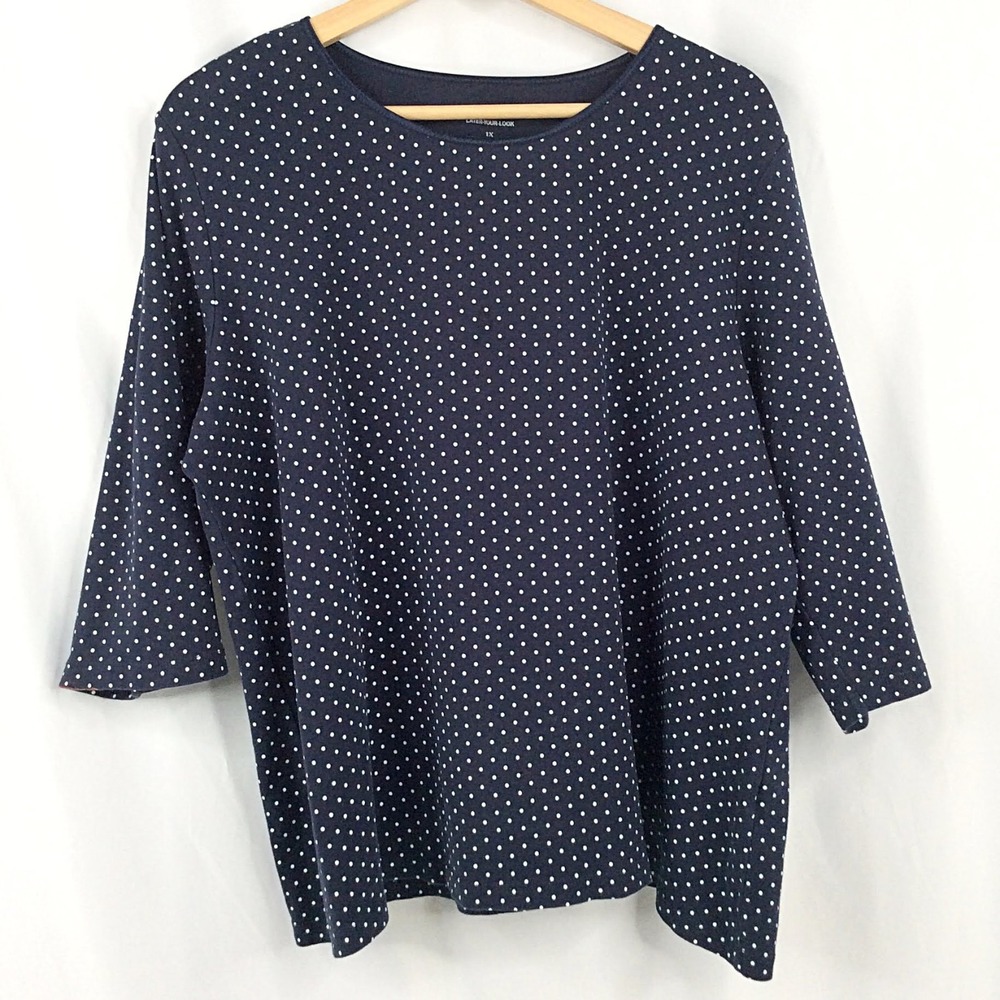 CJ Banks Layer Your Look T-Shirt Top Women's Plus Size 1X Navy Blue Polka Dot